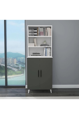 Reyo Home Enda Oras 6 Raflı Kapaklı Kitaplık Antrasit- Beyaz