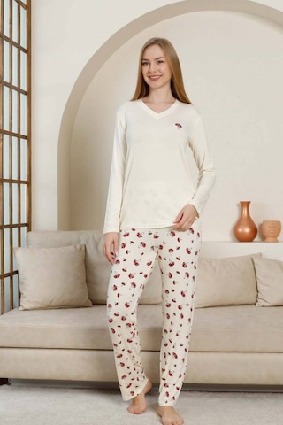 Kadın V Yaka Düğmesiz Mantar Desen Likralı Viskon Mevsimlik Uzun Kol Pijama Takımı Ekru