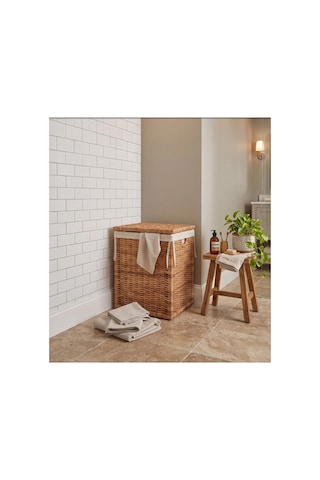 Branas Doğal Rattan Kirli Çamaşır Sepeti 80 Lt Kapaklı Ve Yıkanabilir Astarlı Hasır Sepet 40 X 40 X 57 Cm Bej