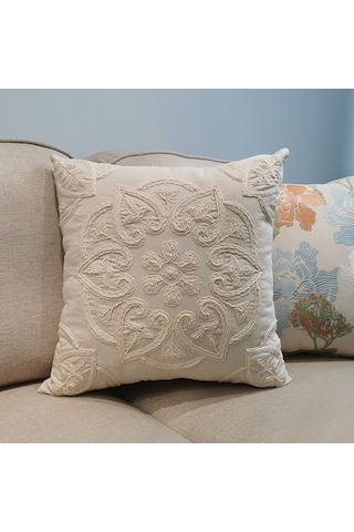 Sones Pamuklu Kordon Nakışlı Yastık Minder Kılıfı Çekirdeksiz, Boyut: 50x50cm Beyaz