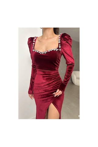 DefyModa Kadın Hediyelik Kare Yaka Taş Detaylı Uzun Kollu Abiye Elbise Bordo