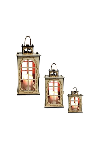 Dekoratif Ahşap 3 lü set Fener Mumluk 20 CM