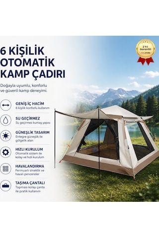 Su Geçirmez & Güneşlikli 6 Kişilik Otomatik Kamp Çadırı-1609 Açık Mavi