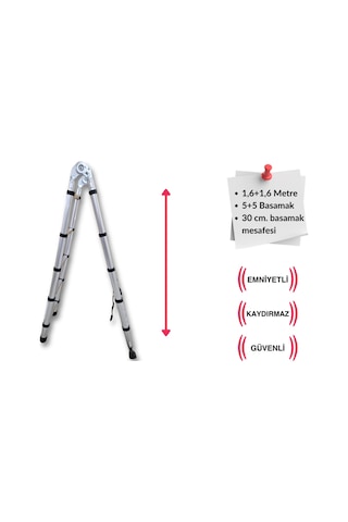Endokon 160 + 160 Cm. - 5+5 Basamaklı Teleskopik Merdiven - A Tipi Uzayan Merdiven