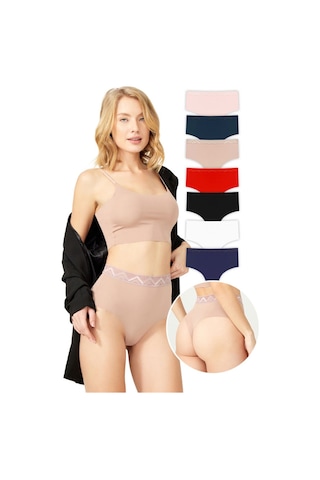 Cottonhill Basic Yüksek Bel Lazer Kesim Tanga Külot 7'li Paket Renkli-6 Çok Renkli