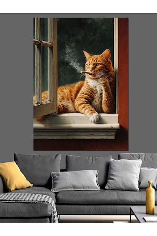 Ahşap Tablo Pencere Önünde Kedi Manzara