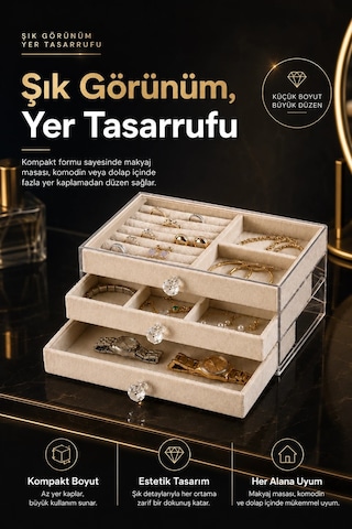 Orehome 3 Çekmeceli Kadife Takı Düzenleyici - Şeffaf Akrilik Kristal Kulplu Mücevher Ve Saat Kutusu