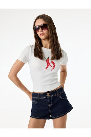 Koton Pamuklu Slim Fit Kısa Kollu Bisiklet Yaka Baskılı Tişört Ekru 6sal10962ık