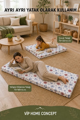 2'li Katlanabilir Çocuk Oyun Minderi Ve Yer Yatağı Seti 70x180 + 70x120 CM 6 CM - Marin