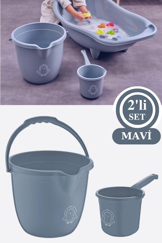 Flosoft Bebek Banyo Su Kovası Ve Maşrapası 2 Li Set, Saplı Oluklu Kova 13lt Ve Maşrapa 1,5lt Mavi