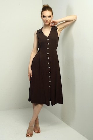 By Saygı Kadın Polo Yaka Ön Pile Düğme Detaylı Midi Keten Elbise-40634 Kahve