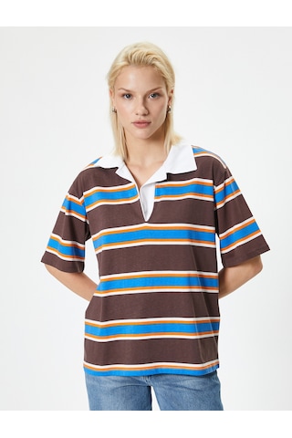 Koton Polo Yaka Rugby Tişört Kısa Kollu Pamuklu Kahverengi Çizgili 4sak50611ek Kahverengi