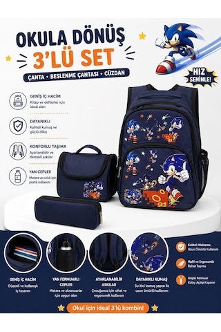 Sonic Desenli Lacivert 3 Lü Erkek Çocuk İlkokul Okul Çantası + Termal Beslenme Çantası + Kalemlik