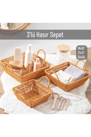 Porsima 303d 3lü Düzenleyici Kare Hasır Sepet Seti Ekmeklik Sepet