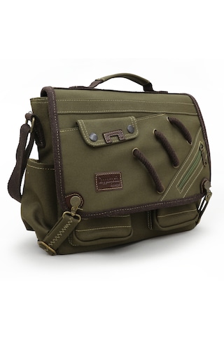 Cappadocia Vintage 4017 Haki 14" Laptop Kanvas Postacı Okul Çantası Unisex Kilitli Çok Cepli Omuz Askılı Haki