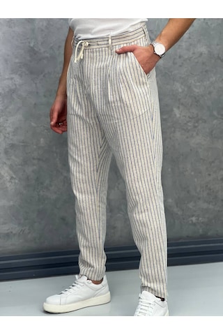 Modefendi Linen Kumaş Çizgi Detaylı Pantolon Yeşil