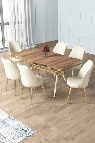 Canisa Prah Serisi 90x160 Lak Panel Hazar Gold Ayak Masa Takımı 6 Krem Sandalye Hazar Masa Krem Sandalye Ayaklar Gold