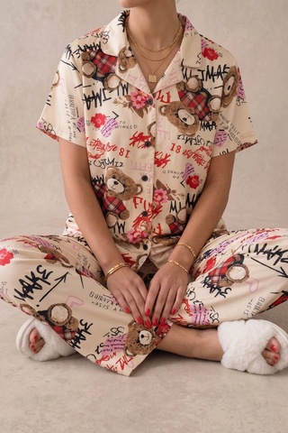 Northcity Ekru Ayıcık Desenli Kısa Kollu Gömlek Yaka Milan Kumaş Kadın Pijama Takımı