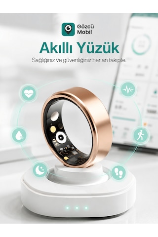 Gözcü Mobil Akıllı Yüzük Sağlık Egzersiz Takibi Adım Sayar Kalp Atışı Kan Basınç Oksijen Ölçer Su Takibi Adet Döngüsü Uyku Takibi Cihazı Suya Dayanıklı Altın Rengi