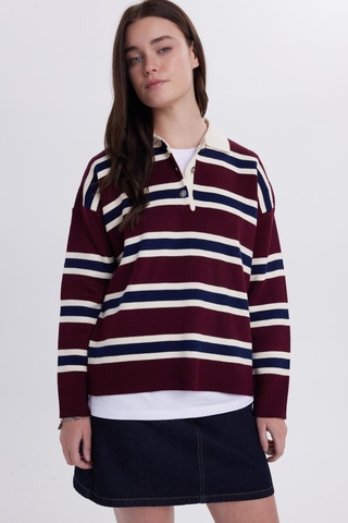Tudors Kadın Regular Fit Klasik Kesim Çizgili Polo Yaka Bordo Kazak-41811 Bordo