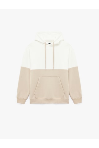 Koton Kapşonlu Renk Bloklu Pamuklu Şardonlu Oversize Kanguru Cepli Hoodie Bej 6wam70033mk Ekru