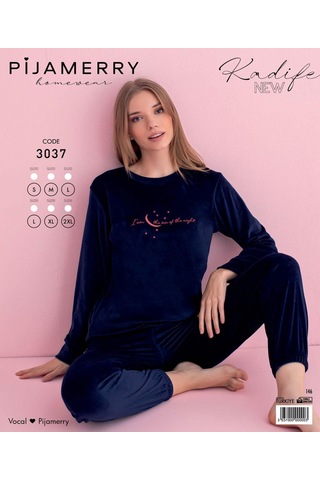 Pijamerry Kadın Kışlık Bisiklet Yaka Kadife Pijama Takımı 3037l - 1 Adet Lacivert