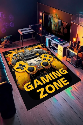 Gaming Zone Joystick Tasarım Yıkanabilir Kaymaz Taban Genç Odası Halısı Gnc4