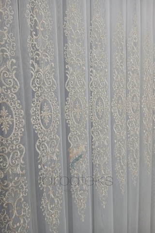 Şehrazat Altın Gold Motif İşlemeli 3 Kat Pileli Ütü İstemez Salon Tül Perde