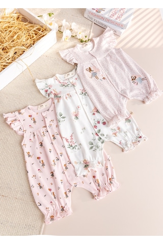 Babymod Üçlü 100% Pamuk Yazlık Kız Bebek Tulum Çok Renkli