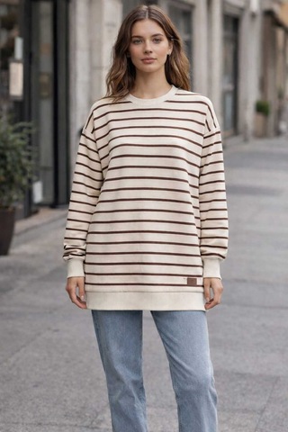 Tenra Oversize Geniş Kalıp Kadın Sweatshirt Bisiklet Yaka Basic Çizgili Kahverengi
