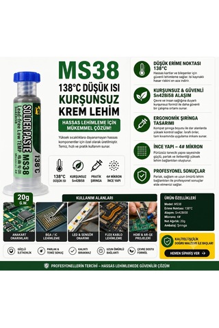 Ms38 138 C Düşük Isı Kurşunsuz Şırınga Krem Lehim 20g Sn42bi58 - 7.5 Cm