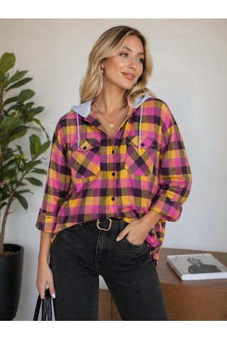 Mamayaga Kadın Desenli Renkli Oduncu Oversize Bol Ve Geniş Kalıp Casual Çift Kapüşonlu Ceket Gömlek Fuşya