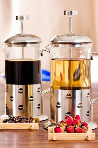 French Press Bitki Çayı Demliği 600 ml Çelik Dekor Gövdeli Kulplu Ölçü Kabı Cam French Press Kahve Metal