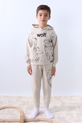 Erkek Çocuk Kapşonlu Eşofman Takımı 4 Mevsim Wolf Baskılı Ribanalı F12 Bej
