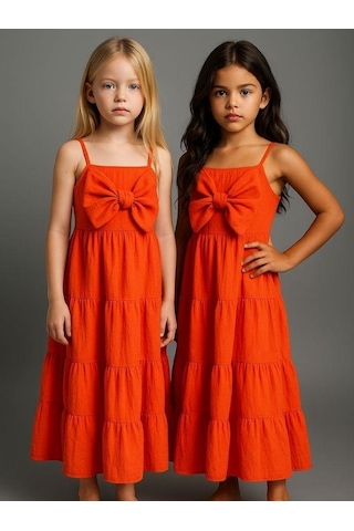 Kız Çocuk Askılı Fiyonklu Dokuma Elbise-16076 Turuncu