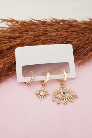 Kadın Altın Kaplama Kararmaz Zirkon Işleme Göz Figürlü 3 Lü Küpe Altın-M Altın