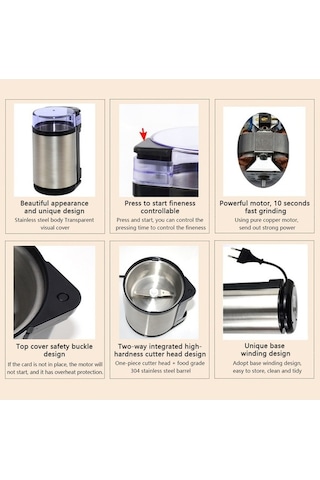 Bloomnest Ev Tipi Mini Paslanmaz Çelik Elektrikli Ot Öğütücü 180w Yüksek Güç 10s Hızlı Ultra İnce Kahve Değirmeni Gümüş