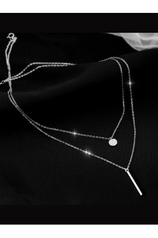 925 Ayar Gümüş Zirkon Taşlı Cift Zincirli Kolye