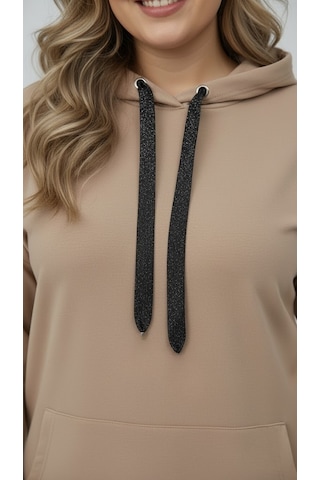 Koza Butik Kadın Büyük Beden Uzun Kollu Kapüşonlu Kanguru Cepli Sweatshirt 2016 Bej