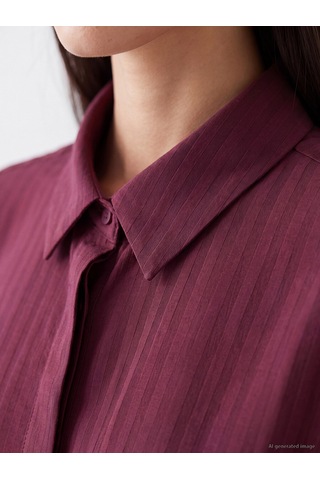 Lcw Everyday Bordo Beli Bağcıklı Çizgili Kadın Gömlek Tunik