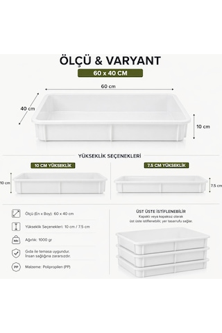 60x40 Cm Profesyonel Pizza Hamur Tepsisi Kapaklı 7.5 Cm Yükseklik Pp Gıda Uyumlu Hamur Teknesi Beyaz