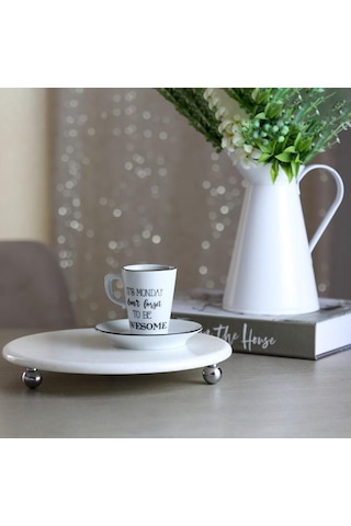 Akayev Mermer Beyaz 25 CM Gümüş Boncuk Ayak Yuvarlak Sunumluk