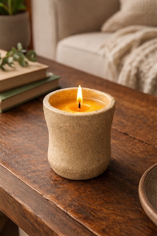 Cogo Seramik Stoneware Doğal Dokulu Balmumu Mumluk Açık Bej