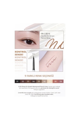 Suya Dayanıklı, İnce Uçlu Göz Kalemi Clıo Sharp So Simple Waterproof Pencil Liner 008 Coral 08
