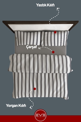 Saten Çizgili Çift Kişilik Lüks Nevresim Takımı Set 200x200 Cm Gri