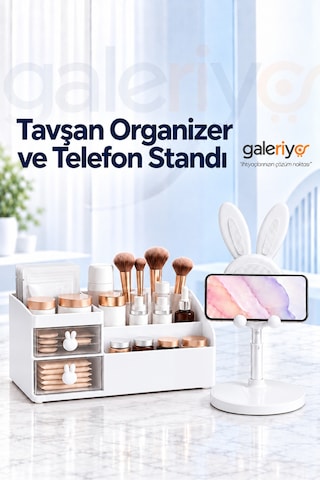 Tavşan Kulplu Makyaj Organizeri & Tavşan Figürlü Telefon Tablet Standı İkili Set Beyaz Beyaz Açık Beyaz