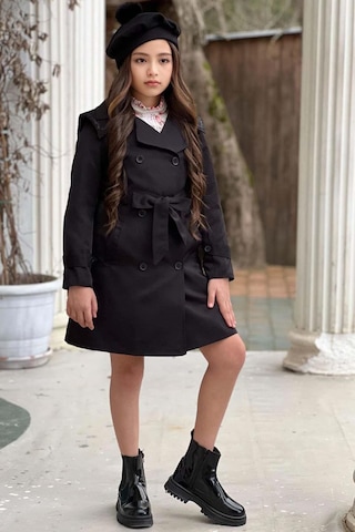 Riccotarz Kız Çocuk Üzeri Dantel İşlemeli Elbise Çift Cep Detaylı Kemerli Siyah Trençkot Siyah