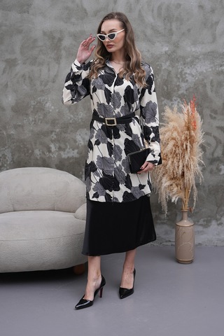 Polologin Butik Siyah Beyaz Yaprak Desenli Gömlek Tunik Siyah & Beyaz
