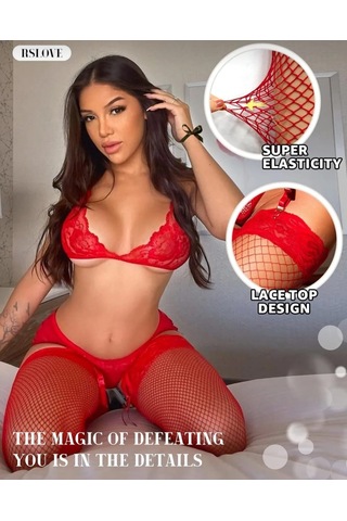 Kadın Kırmızı File Silikonlu Jartiyer Çorabı Çok Renkli