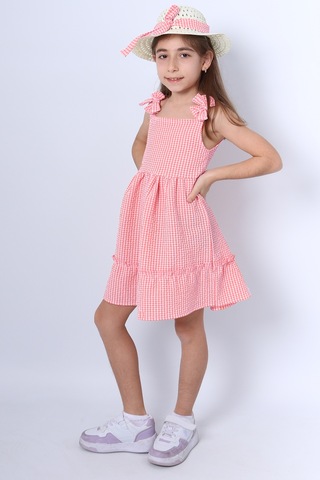 Kız Çocuk Şapkalı Elbise Kareli Fiyonklu B33 Toz Pembe